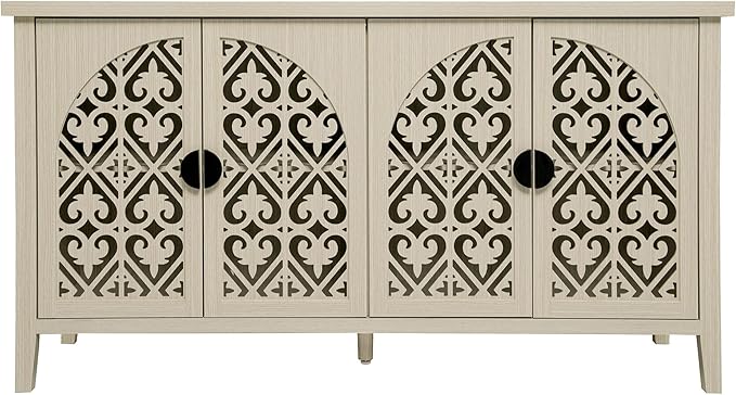 Accent Sideboard Buffet Cabinet with Storage, Vintage Cabinet with 4 Hollow-Carved Arched Doors and Adjustable Shelves, Accent Storage Cabinet Wood Credenza for Living Room, Kitchen, Entryway