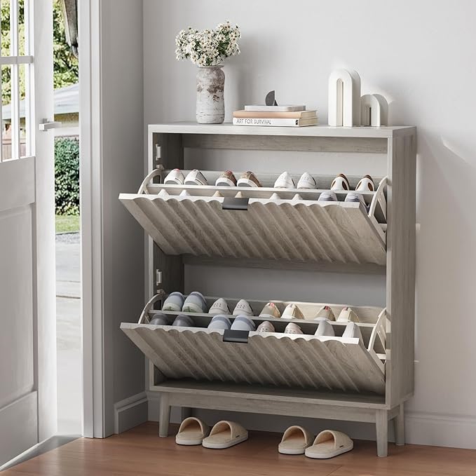 Vibe & Dine Shoe Cabinet with 2 Flip Drawers, Fluted Shoe Storage Cabinet for Entryway Slim, Free Standing Shoe Rack Organizer with Wave Doors for Hallway, Bedroom, Grey-NeatNest
