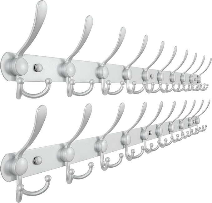 Dseap Coat Rack Wall Mount - 38” Long 10-Tri-Hooks Heavy Duty Coat Hanger Rail Wall Hooks for Hanging Coats Hats Clothing Clothes Purse Mudroom Entryway, Silver, Pack of 2-NeatNest