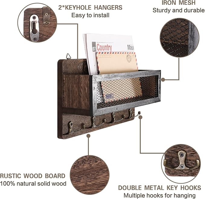 ADIIL Mail and Key Holder for Wall Decorative, Wooden Wall Mount Key Rack Hanger Organizer with 4 Double Key Hooks, Rustic Home Decor for Entryway Hallway, Brown