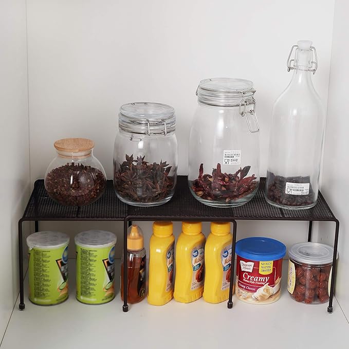 Expandable Stackable Kitchen Cabinet and Counter Shelf Organizer,Kitchen Shelves, Cabinet Organization,Bronze