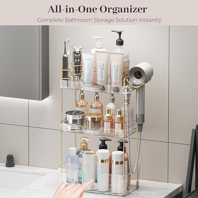 Aveniee Bathroom Counter Organizer Countertop, 3 Tier Makeup Perfume Storage with Hair Dryer Rack and Toothbrush Holder, Cosmetic Tray for Vanity - Clear-NeatNest