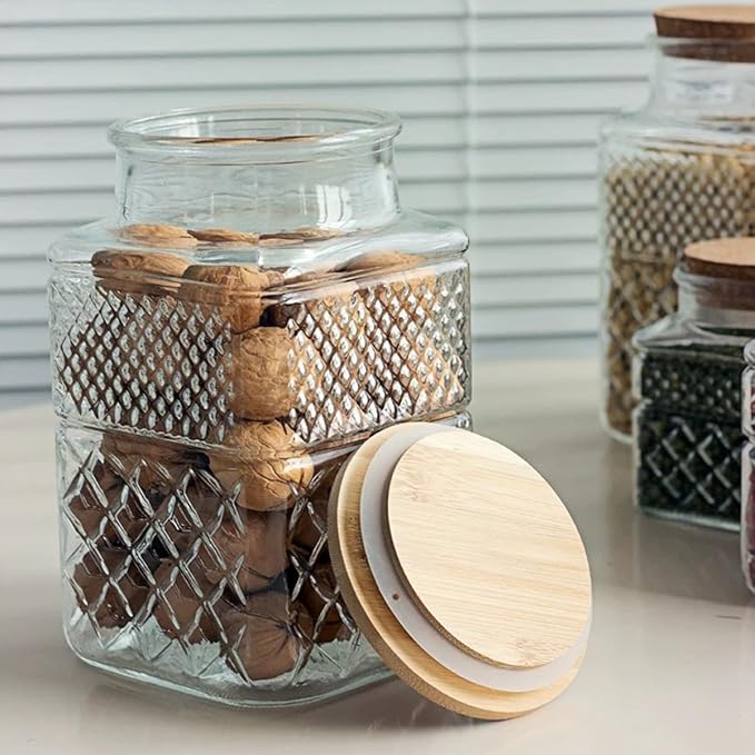 ANSQU Square Glass Jar, Candy Jar with Lid, Glass Food Storage Containers for Ground Coffee, Tea, Sugar, Decorative Mason Jar (Transparent, 61oz)