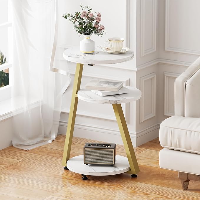 BEWISHOME Round End Table Marble Side Table with Metal Frame, Small Nightstand with 3-Tier Shelves, Night Stand for Living Room Bedroom Tall Gold White Stand KTZ41J-NeatNest
