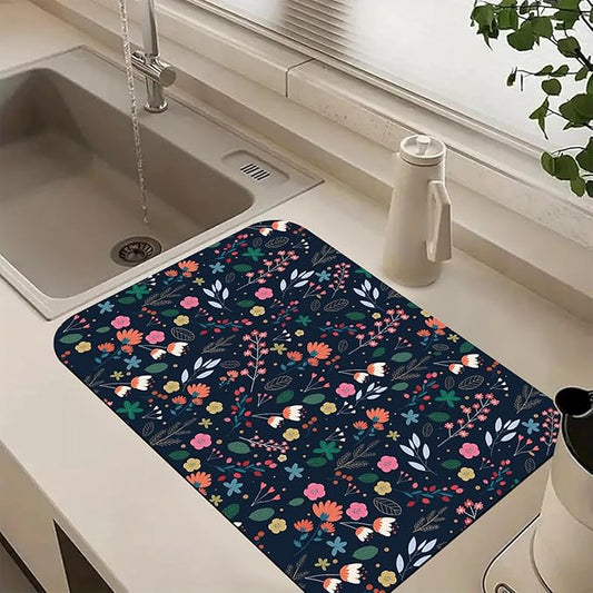 Cute Flower Dish Drying Mats Super Absorbent Dish Drainer Rack Pad Non-Slip Drying Mat for Kitchen Counter, 24"x16"-NeatNest