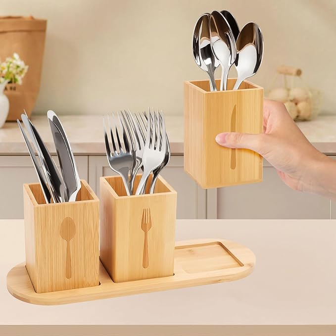 3Pcs Silverware Caddy for Patry, Utensil Holder for Countertop, Silverware Holder Flatware Organizers with tray, Portable Organizer with Wood Tray, Spoon and Fork Holder (Bamboo wood)-NeatNest