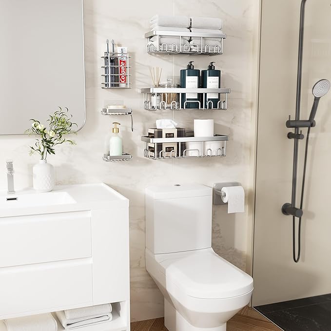 Veken Shower Caddy 6-Pack, Family Choice Award Winner, Large Wall Mounted Shower Rack, Bathroom Shelves Over Toilet, Organizer Storage Accessories with Soap Dish&Toothbrush Holder-NeatNest