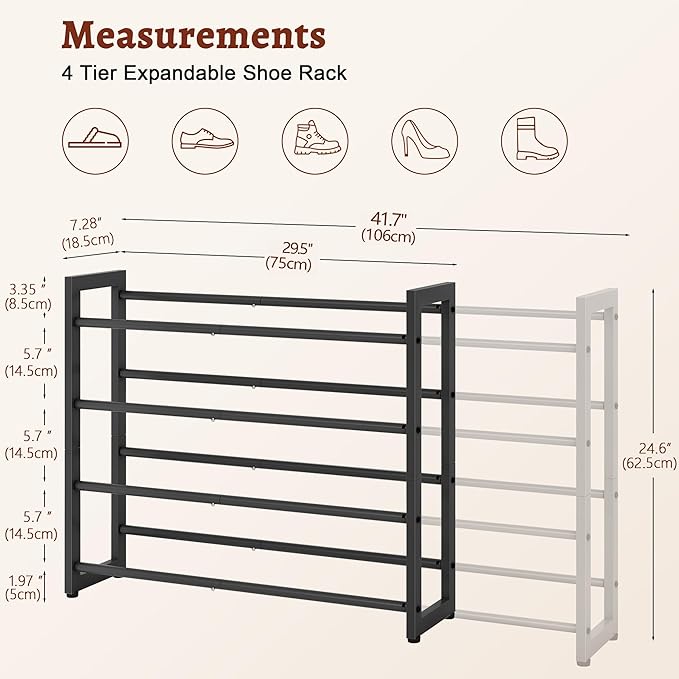 FAVOOSTY 4-Tier Expandable Shoe Rack, Adjustable Shoe Shelf Storage Organizer Space Saving Metal Free Standing Shoe Rack for Entryway Closet Doorway, Black-NeatNest