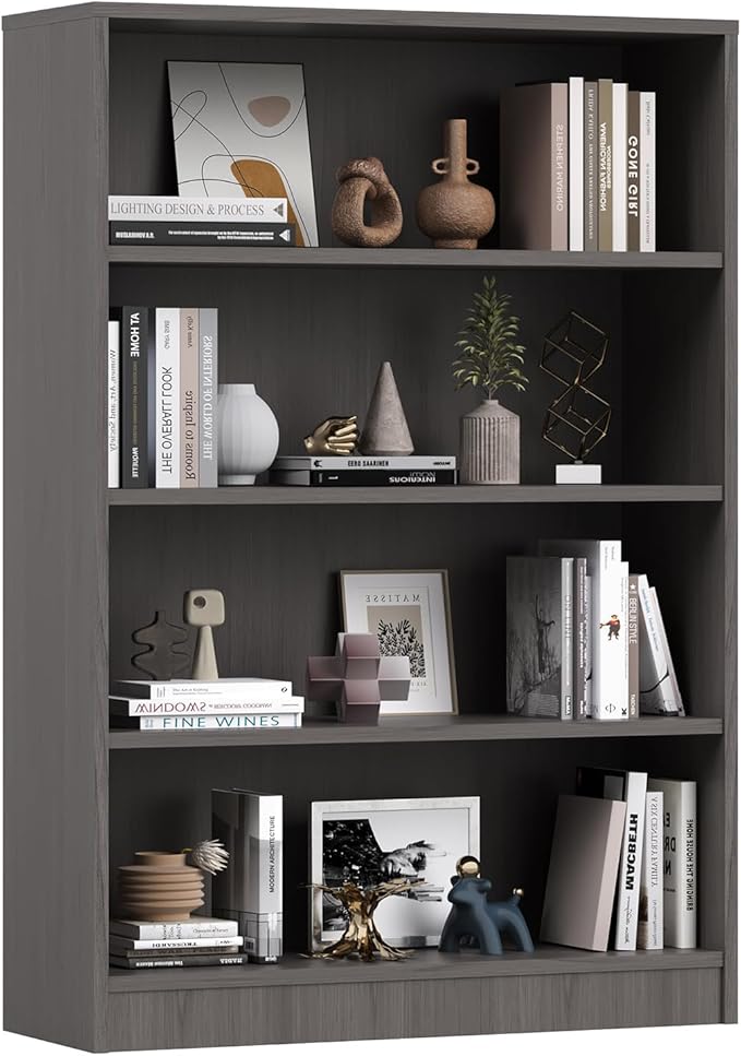 Farini 48 Inch Tall 4-Shelf Bookcase, Wood Bookshelf Storage Organizer Adjustable Shelf for Home Office, Study Room, Easy Assembly,Grey