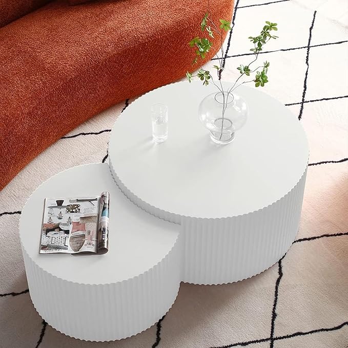 Round Wood Coffee Table Set of 2 Modern Circle Nesting Coffee Table Handcrafted Drum Nesting Table Nesting Coffee Tables for Living Room for Small Space (Cream (D27.56+D19.69 inch))