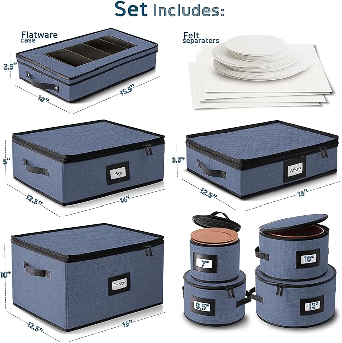 Fine China Storage Containers, 8 Piece Quilted Dish Storage Containers for Flatware & Utensil, Mug, Platter and Wine Glass with Felt Dividers, Durable Dinnerware Dish Organizers for Moving, Blue-NeatNest