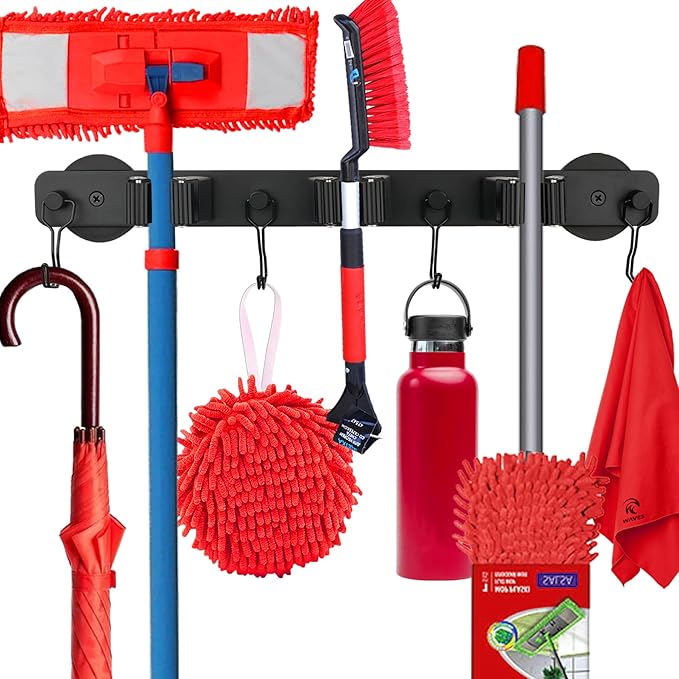 Magnetic Mop Broom Holder,Heavy Duty Movable Magnetic Wall Mount Tool Racks,No Drilling Utility Storage Shovel Hanger for Garage,Closet,Garden,Kitchen,Laundry (4 Hooks 3 Grippers,Black)-NeatNest