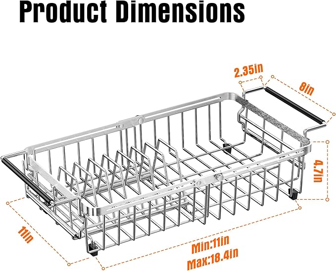 Expandable Dish Drying Rack in Sink,Stainless Steel Over The Sink Dish Drainer Drying Rack for Kitchen Counter,with Utensil Holder,Silver