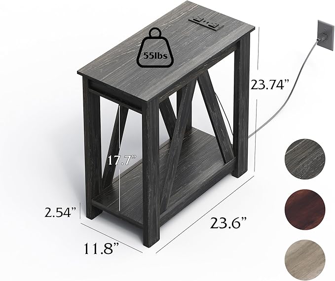 WLIVE End Tables Living Room Set of 2 with Charging Station, Sofa Side Tables with Open Storage Shelf, Slim Farmhouse End Table Sets, Charcoal Black