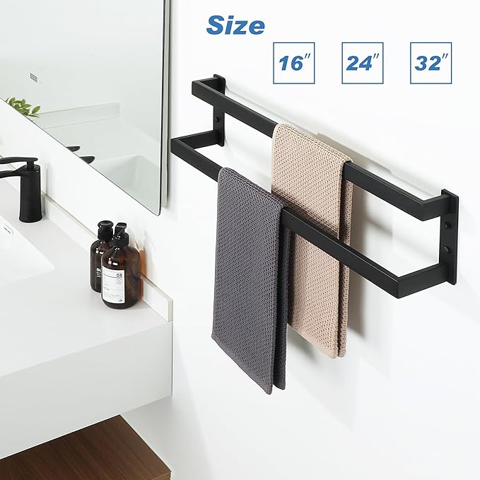 Alise Double Towel Bar 24", SUS304 Stainless Steel Towel Racks for Bathroom Wall Mounted, Heavy Duty Bathroom Towel Holder, Space Saving Towel Hanger, Matte Black