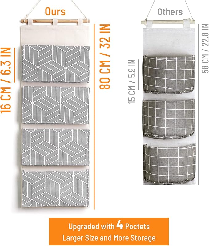 CROWNED 2Pcs Over Door Hanging Storage Bags Wall Mount Closet Organizer, 4 Big Pockets Linen Cotton Fabric Multi Functional Living Room Bedroom Bathroom File Magazine Waterproof Free Hooks Grey-NeatNest