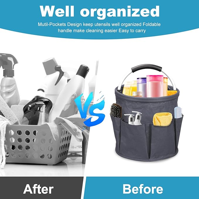 Qivine 17L Cleaning Caddy with Handle, Cleaning Supply Caddy Foldable Cleaning Caddy Cleaning Products Organizers Portable Cleaning Bucket Organiser for Storing Towels (Dark Gray)
