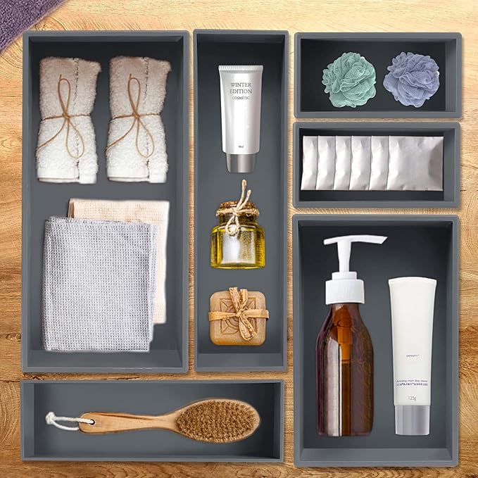 Bamboo Drawer Organizer - Kitchen Utensil Organizer Silverware Tray Cutlery Holder,Office Desk Supplies and Accessories,8.9 * 5.9 * 2.6,Grey-NeatNest