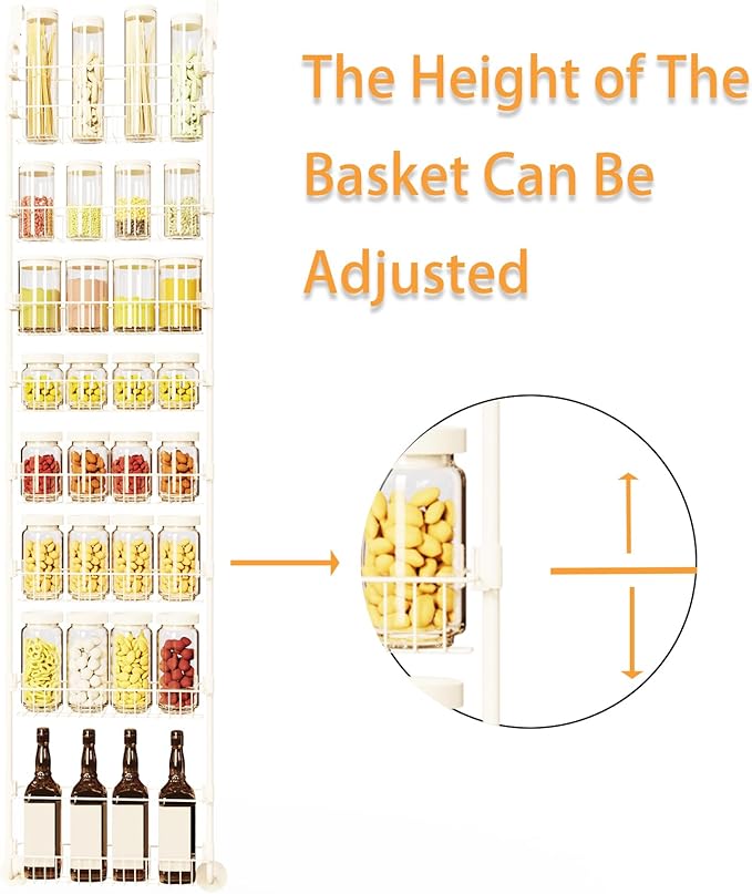 Over The Door Pantry Organizers, Pantry Door Organizer and Storage with Adjustable Baskets,Heavy-Duty Metal Spice Rack,Over The Door Organizers for Kitchen,Bathroom (White, 8tier)