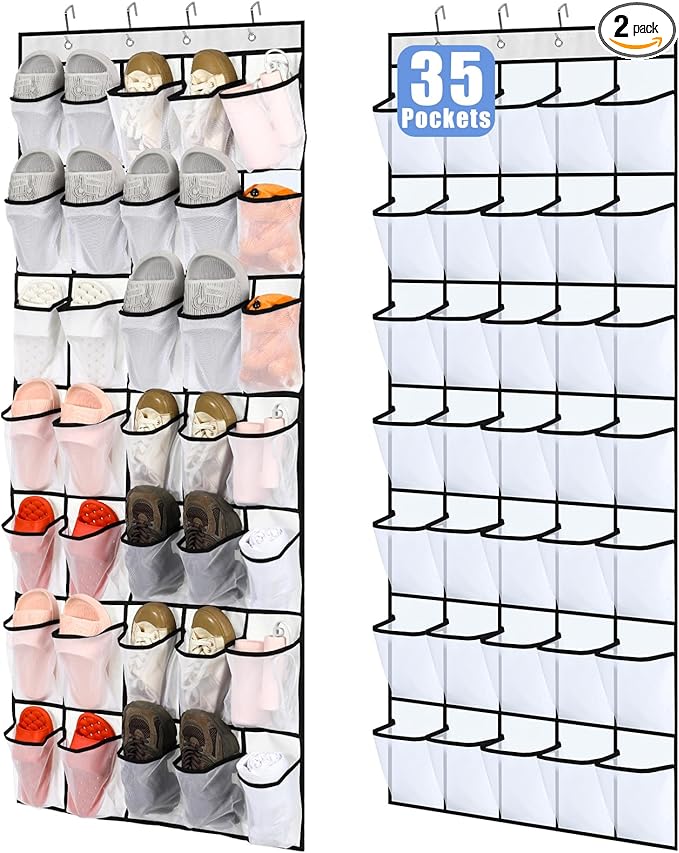 Windyun 2 Pcs 70 Large over The Door Shoe Organizer Hanging Shoe Rack for Closet Holder White Mesh Pockets Back to School Behind Door Hanger Storage Nonslip for Home Room School Dorm, Each 35 Pockets-NeatNest