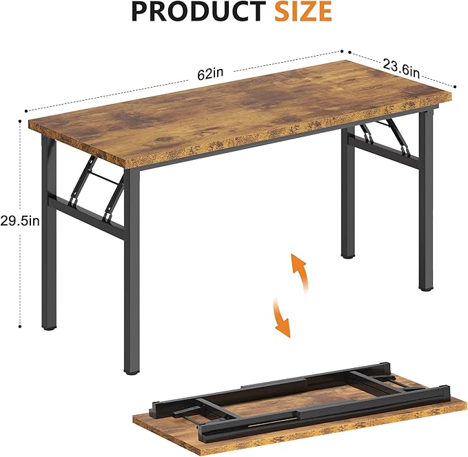 DlandHome Folding Table Computer Desk 62 Inches Workstation Table Conference Table Home Office Desk Fully Assembled Retro and Black Frame-NeatNest