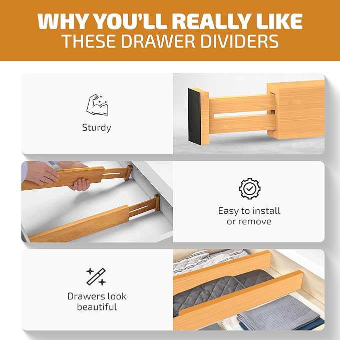 4 Pack Drawer Dividers Bamboo 2.6" High, 16-22" Adjustable Drawer Organizers for Clothes, Expandable Dresser Separators in Bedroom/Bathroom/Kitchen/Office Organization and Storage (Natural)-NeatNest