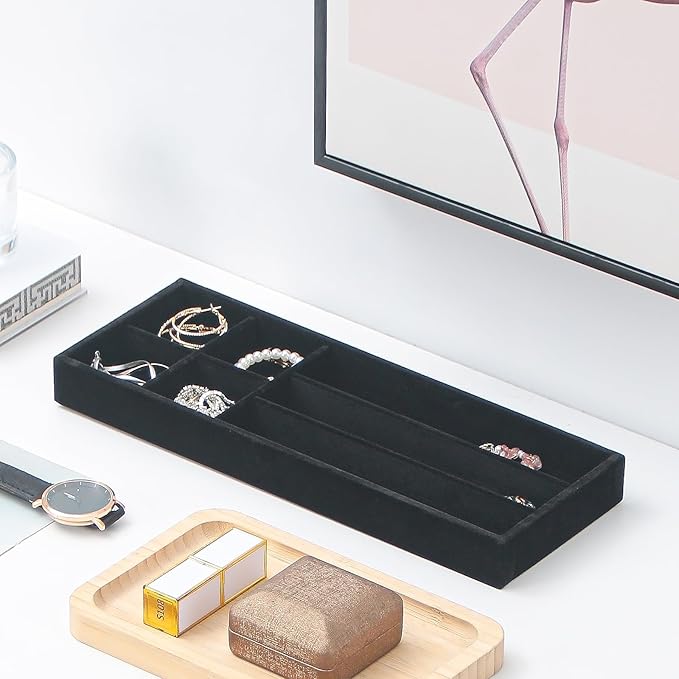 Divided Drawer Organizer Tray, Velvet Jewelry Storage Tray, Necklace Bracelet Ring Earring Display Tray,Bedside Nightstand Desk Holder Tray for Phone Watch Sunglasses Cosmetics Storage/Black/7grid-NeatNest