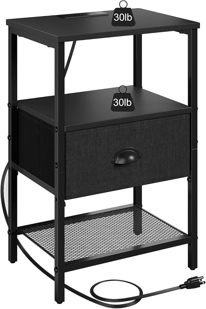 Sthmec Nightstands Set of 2, LED Bedside Tables with Charging Station and Fabric Drawer, Night Stand with Storage, 3 Tier Side Table with Open Shelf, LED Nightstand with Charging Station, Black