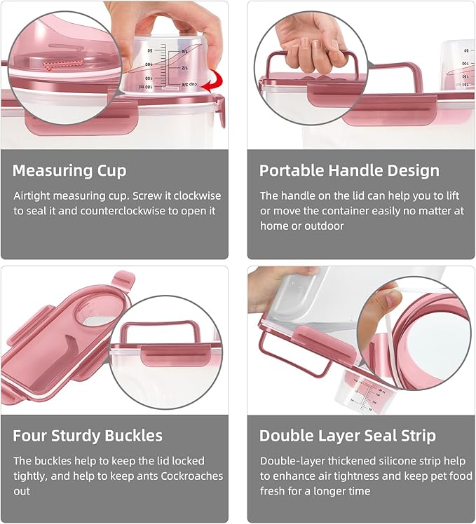 Dog Food Storage Container, Upgraded Large Nozzle BPA-free, 8-12 LBS Plastic Pet Food Storage Containers, With 4 Sealed Clasps, 1 Measuring Cup and Handle (2, Clear Pink, (3L+5L))-NeatNest