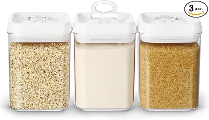 Felli Flip Tite Food Storage Containers With Lid 5" LARGE Airtight Ring Lock Flip Top, Square Acrylic Canister Jar for Rice Sugar Flour Protein Powder, Kitchen Pantry Organizer, Gift Set (1.8qt)-NeatNest
