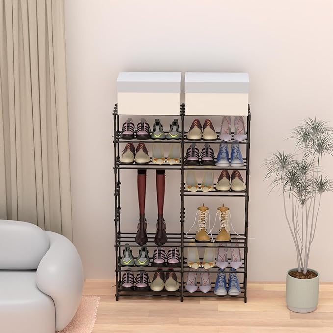 Large Shoe Rack Organizer, 2-Row 8-Tier Tall Shoe Storage Shelf for Closet, Entryway, Garage, Metal Free Standing Shoe Holder for 28-32 Pairs Shoes, Sturdy Stackable Shoe Stand for Bedroom-NeatNest