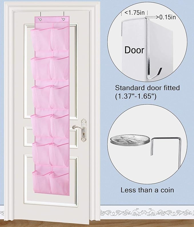 MISSLO Kids Over the Door Shoe Organizer Baby Hanging Shoe Rack Narrow Closet Storage bags with 12 Mesh Pockets for Girl Women Men Toddler Nursery, 2 Packs, Pink-NeatNest