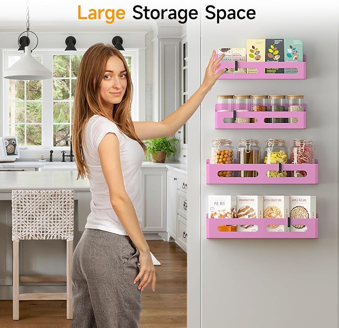 4 Pack Magnetic Spice Rack for Refrigerator, Spice Rack Organizer, Moveable Magnetic Shelf Fridge Organizer with 4 Hooks for Kitchen and Oven Organization, Pink