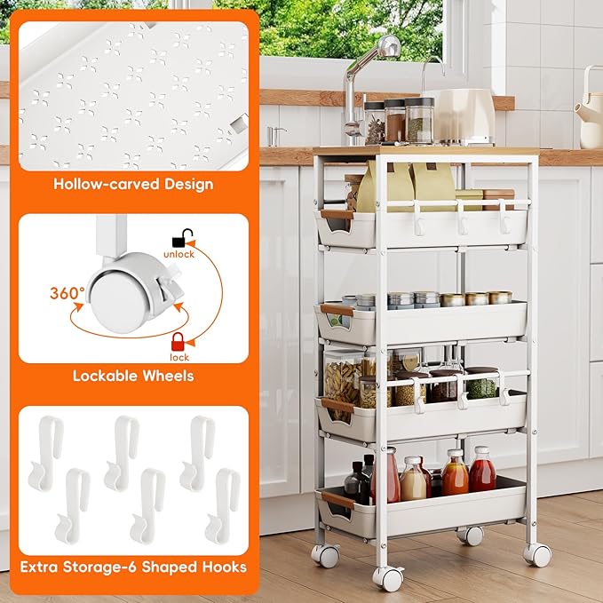 5-Tier Kitchen Storage Cart, Wood Top Rolling Cart Organizer with Pull-Out Baskets & Wheels, Metal Snack Cart with Holder for Fruit, Vegetable, Microwave, Kitchen, Pantry, White