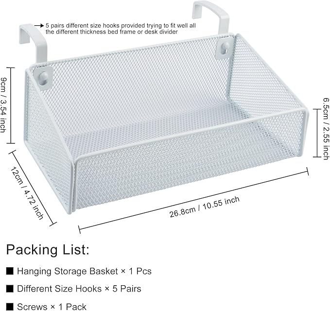 Bedside Shelf for Bed & Bunk Bed Storage Basket Office Cubical Wall Hanging Organizer - 5 Different Size Hooks - College Dorm Home Office Essentials for Phone,Book,Drink,Tissue (White)-NeatNest