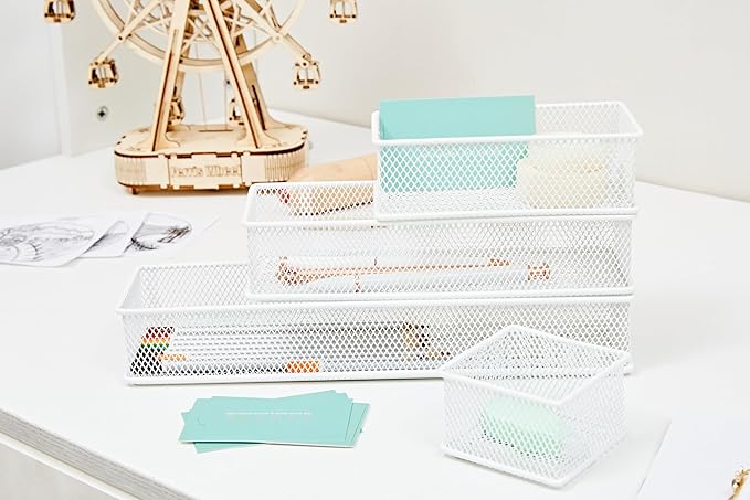 Annova Mesh Stackable Drawer Cabinet and Shelf Organizer Bins Storage Basket School Office Supply Holder Tray- Set of 2 (White, 3x6x2 Inch)-NeatNest