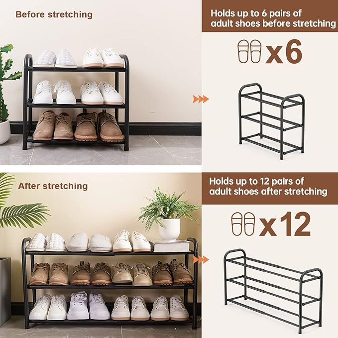 Gonfoam 3-Tier Expandable Shoe Rack,Adjustable Shoe Shelf Storage Organizer Heavy Duty Metal Free Standing Shoe Rack for Entryway Closet Doorway (Black)-NeatNest