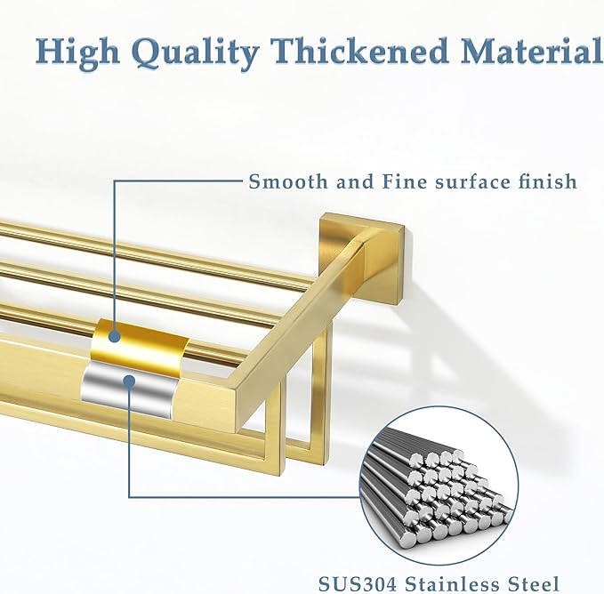 Alise 24 Inch Towel Racks for Bathroom, Towel Rack Wall Mounted with Double Towel Bars, SUS 304 Stainless Steel Towel Shelf, Heavy Duty Hand Towel Holder(Gold Finish)