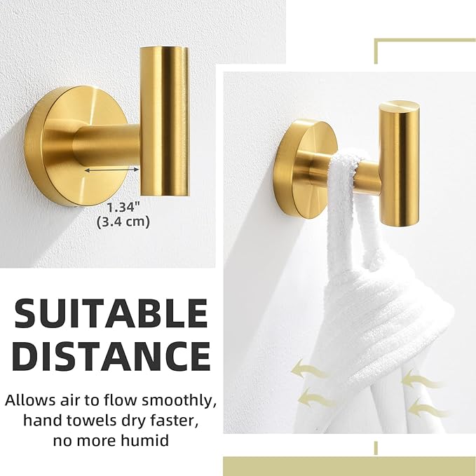 APLusee Robe Towel Hook, SUS 304 Stainless Steel Modern Home Storage Coat Hanger, Brushed Gold Wall Hook for Bath Toilet Kitchen Garage