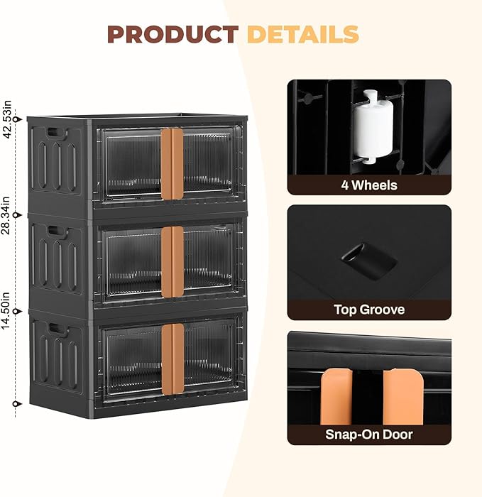 FAHKNS 3 Pack 19 Gallon Collapsible Storage Boxes, Lidded Storage Box with Door and Wheels for Clothes, Tools, Office Supplies, Large Folding Storage Box for Home, Black
