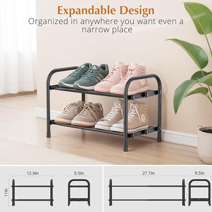 INSMART 2-Tier Expandable Shoe Rack:Stackable and Adjustable Shoes Organizer Storage Shelf, Sturdy and Durable Metal Structure Free Standing Shoe Rack for Closet Entryway Doorway-NeatNest