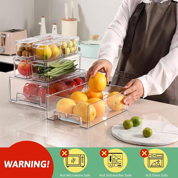 14Pack Fridge Organizer Bins, Clear Refrigerator Organizing Containers with Lids and Refrigerator Drawers, Stackable Food, Vegetable and Fruit Containers for Fridge Organizers and Storage