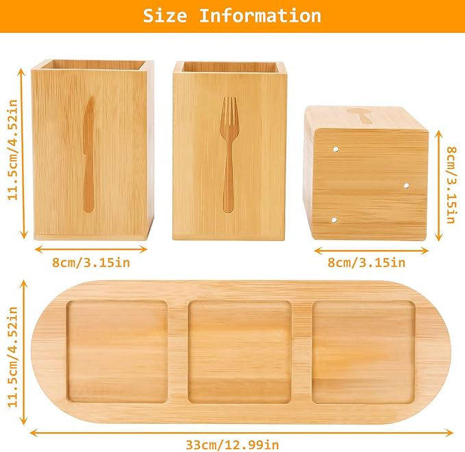 3Pcs Silverware Caddy for Patry, Utensil Holder for Countertop, Silverware Holder Flatware Organizers with tray, Portable Organizer with Wood Tray, Spoon and Fork Holder (Bamboo wood)-NeatNest