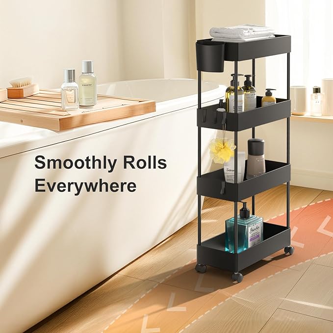 Pipishell Slim Storage Cart with Wheels, Bathroom Cart Organizer Bathroom Storage Small, Rolling Cart for Bathroom, Laundry Room, Kitchen, Narrow Space, Black PIUC05-NeatNest