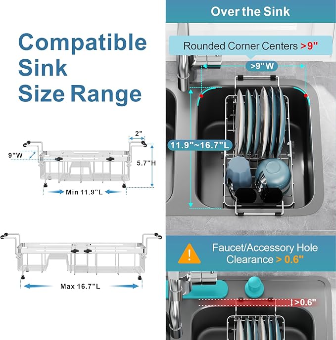GSlife Small in Sink Dish Drying Rack - Stainless Steel Capacity Expandable Dish Drainer with Utensil Holder for Counter or Inside Sink, Silver