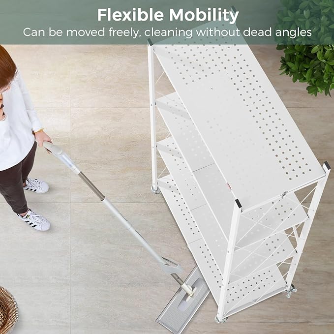 DEANIC 4 Tier Foldable Storage Shelves with Wheels, Large Capacity Shelving Unit, Freestanding Metal Wire Shelf Rack, No Assembly Organizer Rack for Garage Kitchen, Basement, Pantry(White)-NeatNest