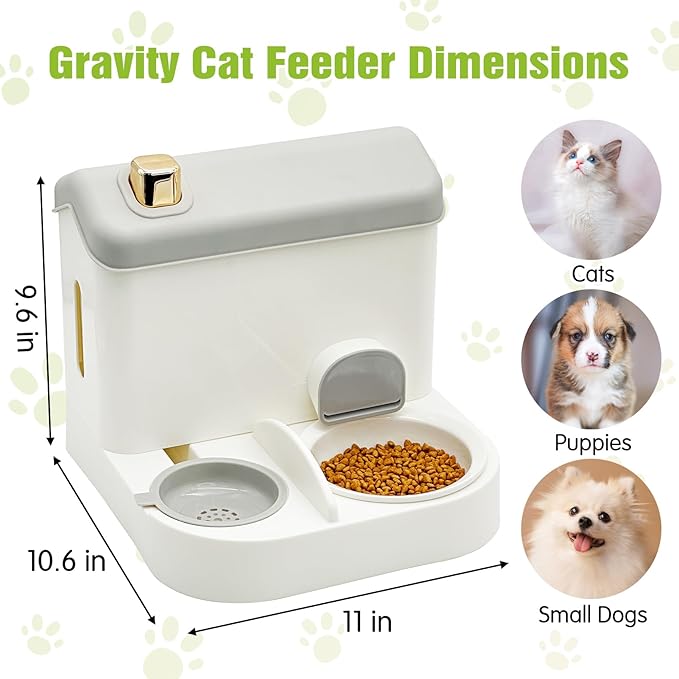Fhiny Gravity Cat Feeder and Water Dispenser, 2 in 1 Gravity Feeder Cat Dry Food & Waterer Removable Ceramic Bowl Pet Food Storage Self Feeding Station for Indoor Cat Kitten Puppy Easy Clean (Grey)-NeatNest