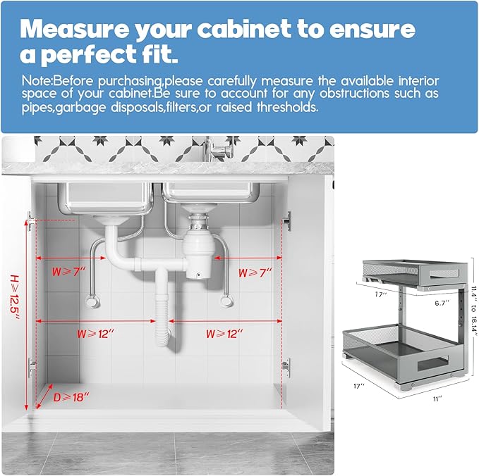 1 Pack 17IN Depth Under Sink Storage Organizer, Large 2-Tier Elegant Mesh Pull Out Shelf for Kitchen and Bathroom Cabinet Organization, L-Shaped and Adjustable Height Design-Gun Gray-NeatNest