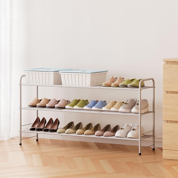 3-Tier Long Metal Shoe Rack,Extra Large Capacity Adjustable Stackable Shoe Organizer Shelf for Closet Entryway,Silver 42" W × 24.5" H-NeatNest