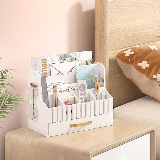Bamboo Mail Organizer Countertop with Drawers, Wood Desk File Organizer Desktop Paper Organization Storage Bill & Letter Sorter Holder for School Home Office Supplies, No Assembly Required (White)-NeatNest